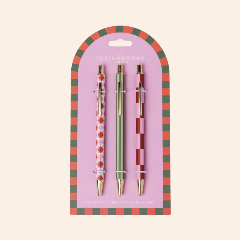 Set of 3 Ballpoint Pens - Pink Diamonds & Stripes