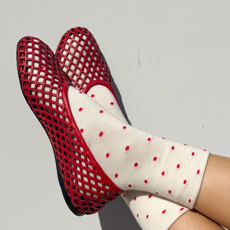 Polka Dot Socks - Cream/Red