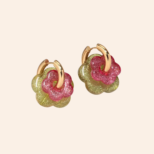 Flower Duo Hoops - Glitter Lime/Pink