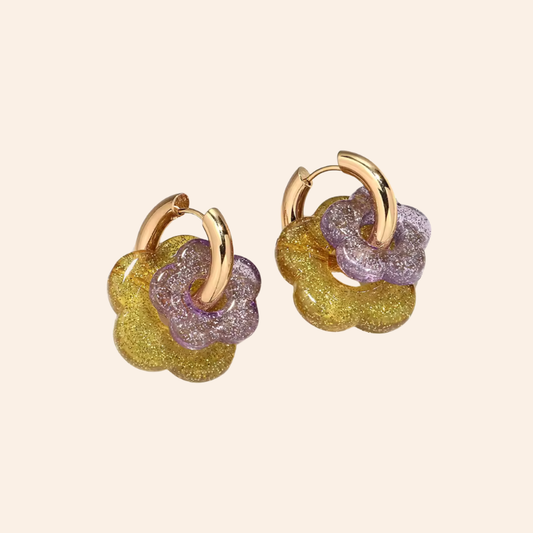 Flower Duo Hoops - Glitter Yellow/Purple
