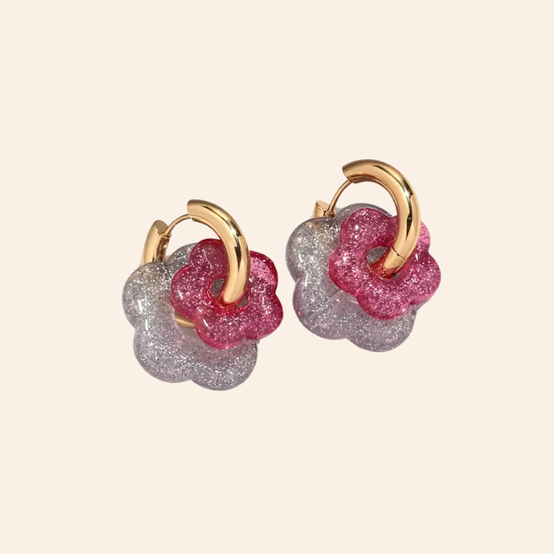 Flower Duo Hoops - Glitter Silver/Pink