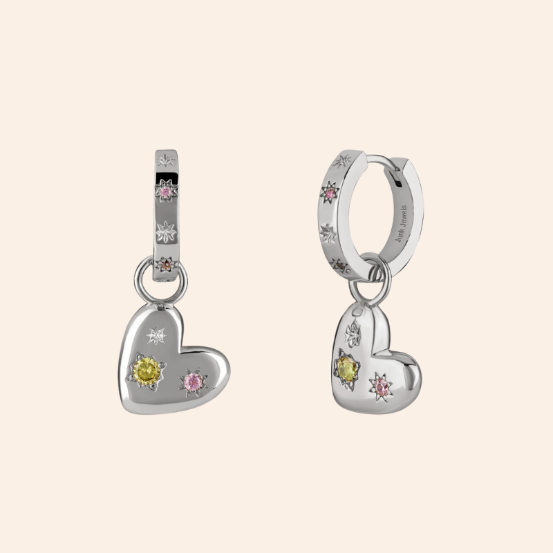 Chunky Floating Heart Hoops - Silver