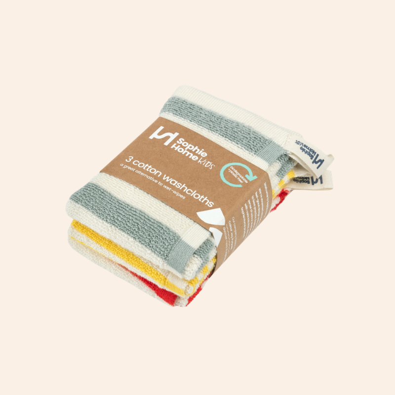 Striped Terry Washcloths - Aqua/Yellow/Red