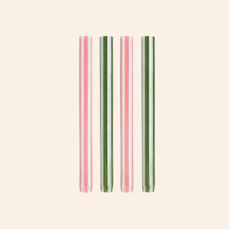 Stripe Dinner Candle Set - Peachy Pink/Moss Green